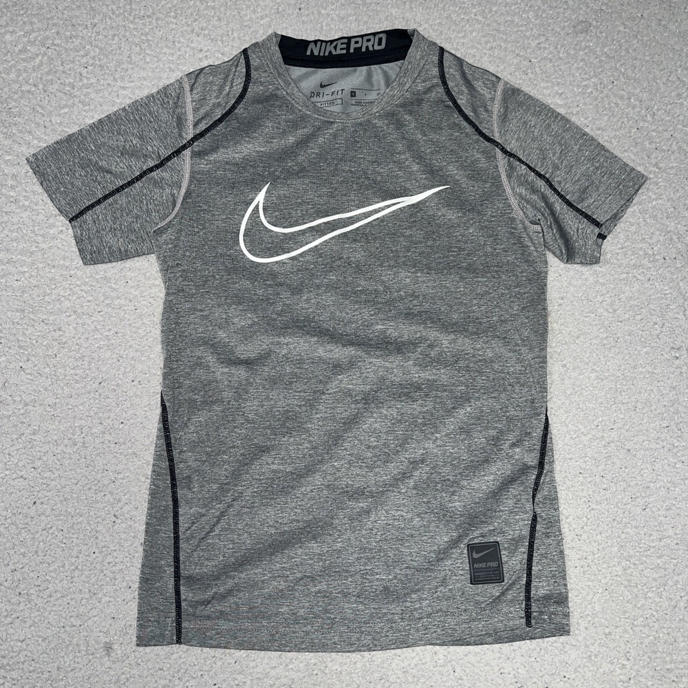 Nike Pro Shirt Youth Sz S Gray Dri-FIT Center Swoosh Flatlock Seam 726463-091